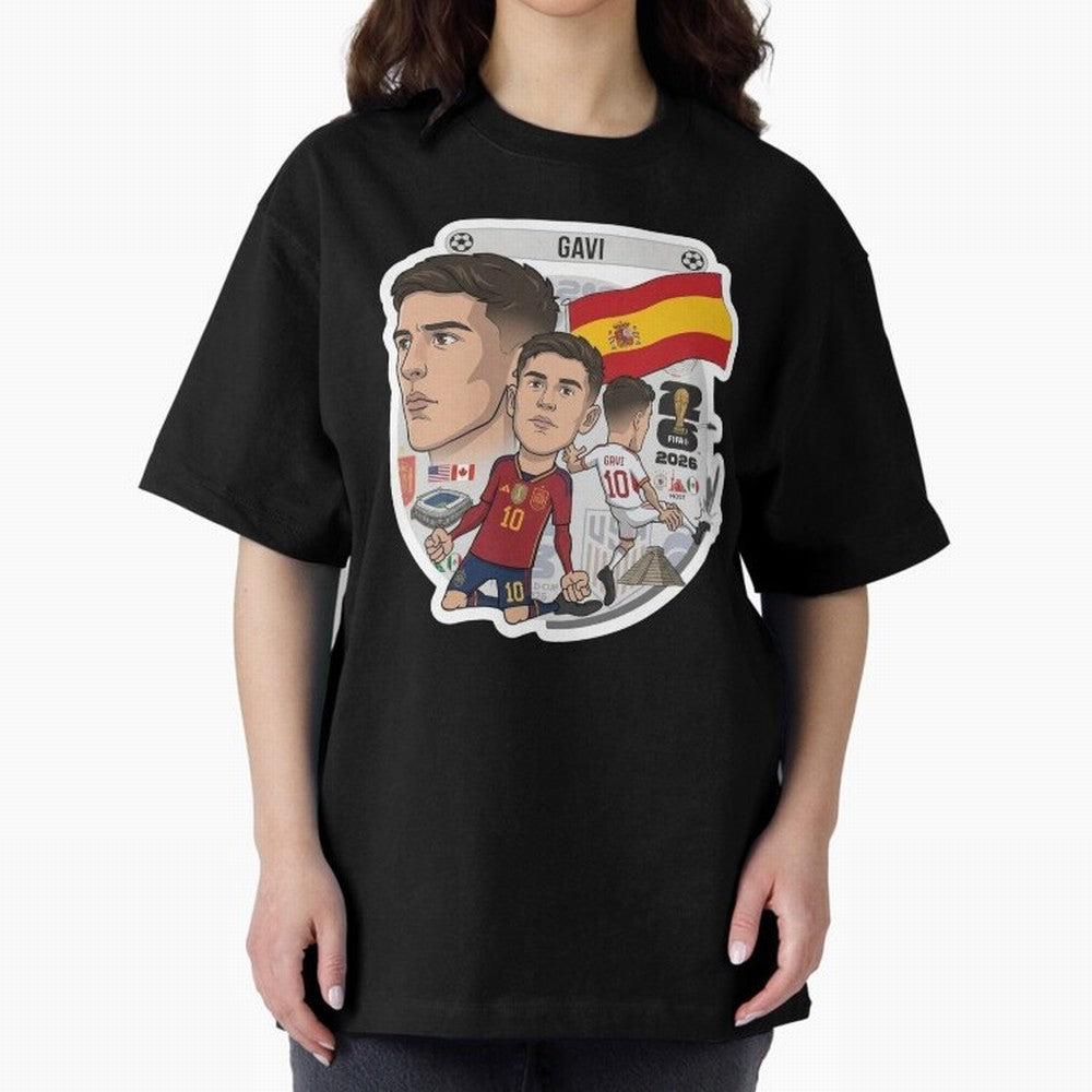 Gavi Spain National Team Football Cartoon Illustration Oversized T-Shirt Relive Legendary Nights from FIFA World Cup 2026 USA Canada Mexico for Fans of Cristiano Ronaldo and France, Bringing Football Passion, Legendary Performances, Festival Vibes