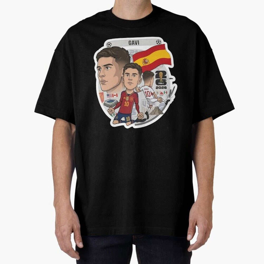 Gavi Spain National Team Football Cartoon Illustration Oversized T-Shirt Relive Legendary Nights from FIFA World Cup 2026 USA Canada Mexico for Fans of Cristiano Ronaldo and France, Bringing Football Passion, Legendary Performances, Festival Vibes