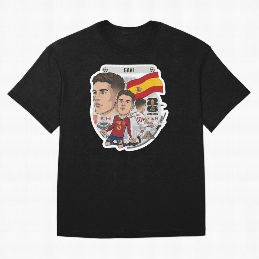 Gavi Spain National Team Football Cartoon Illustration Oversized T-Shirt Relive Legendary Nights from FIFA World Cup 2026 USA Canada Mexico for Fans of Cristiano Ronaldo and France, Bringing Football Passion, Legendary Performances, Festival Vibes