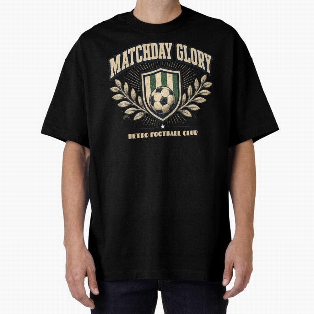 Matchday Glory Vintage Football Club Heritage Shield Emblem Oversized T-Shirt Remember Iconic Moments from Match Day Hype around FIFA World Cup 2026 Group Stage, Messi, Neymar and Mbappe, Spain, Worldwide Fan Energy, Dramatic Goals, Stadium Lights