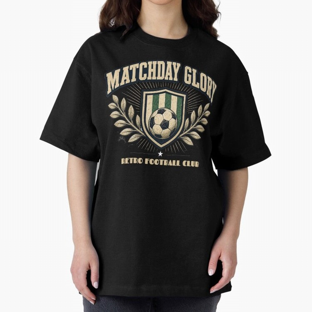 Matchday Glory Vintage Football Club Heritage Shield Emblem Oversized T-Shirt Remember Iconic Moments from Match Day Hype around FIFA World Cup 2026 Group Stage, Messi, Neymar and Mbappe, Spain, Worldwide Fan Energy, Dramatic Goals, Stadium Lights