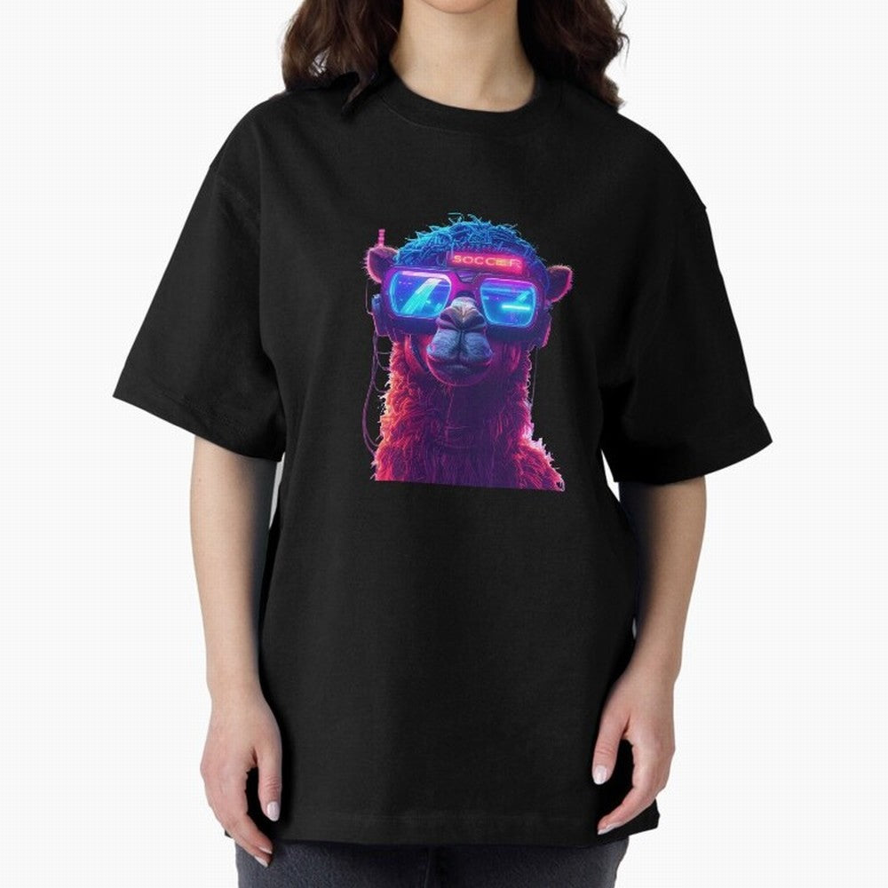 Cyberpunk Llama with Neon Soccer Vibes Oversized T-Shirt Keep the Legacy of FIFA World Cup 2026 USA Canada Mexico for Fans of CR7 and Messi and Spain and Netherlands, Bringing Classic Soccer Heritage, Championship Pressure, Fan Loyalty and