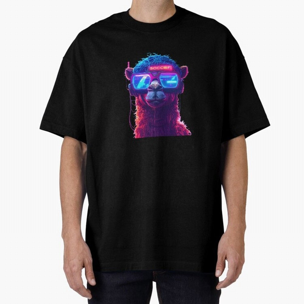 Cyberpunk Llama with Neon Soccer Vibes Oversized T-Shirt Keep the Legacy of FIFA World Cup 2026 USA Canada Mexico for Fans of CR7 and Messi and Spain and Netherlands, Bringing Classic Soccer Heritage, Championship Pressure, Fan Loyalty and