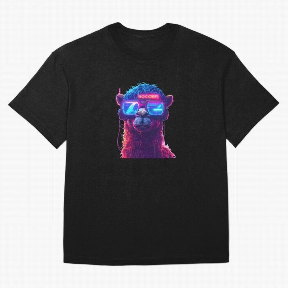 Cyberpunk Llama with Neon Soccer Vibes Oversized T-Shirt Keep the Legacy of FIFA World Cup 2026 USA Canada Mexico for Fans of CR7 and Messi and Spain and Netherlands, Bringing Classic Soccer Heritage, Championship Pressure, Fan Loyalty and