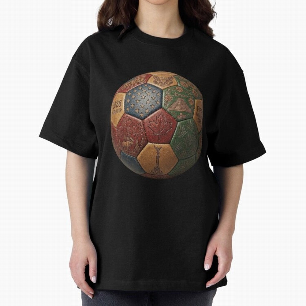 Artistic Ball for the 2026 World Cup ¨C USA, Mexico & Canada Football Design Oversized T-Shirt Support Global Football Passion for FIFA World Cup 2026, Featuring Cristiano Ronaldo, Spain and Netherlands, Soccer Culture, Superstar Moments, National