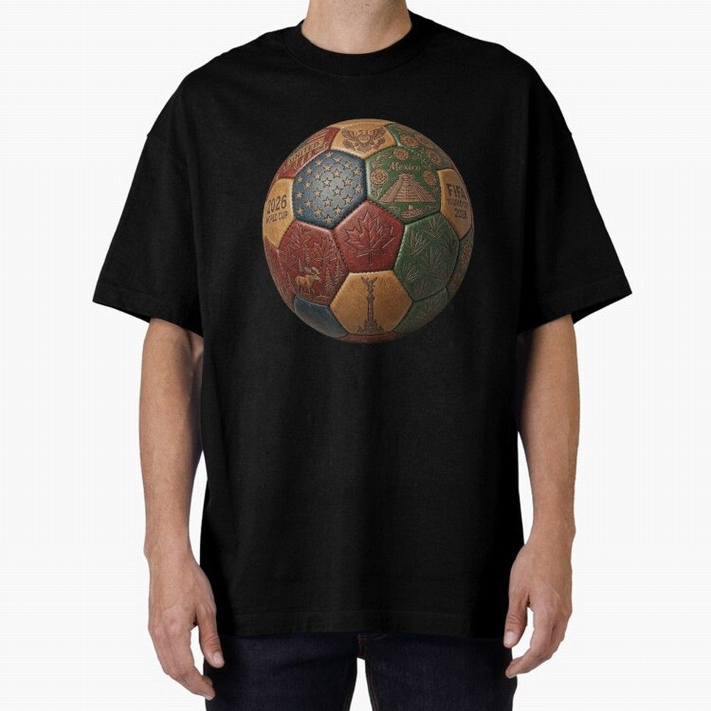 Artistic Ball for the 2026 World Cup ¨C USA, Mexico & Canada Football Design Oversized T-Shirt Support Global Football Passion for FIFA World Cup 2026, Featuring Cristiano Ronaldo, Spain and Netherlands, Soccer Culture, Superstar Moments, National