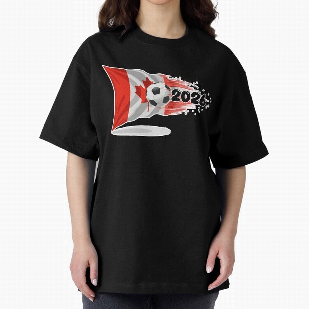 2026 Soccer World Cup Canada Flag T-Shirt | Dynamic Football Fan Tee Oversized T-Shirt Make Memories around Global Football Passion for FIFA World Cup 2026 Group Stage, Filled with Messi, Neymar and Mbappe, Brazil, Worldwide Fan Energy, Dramatic